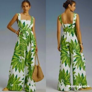 Farm Rio Off White Palm Fan Tropical Leaf Print Jumpsuit